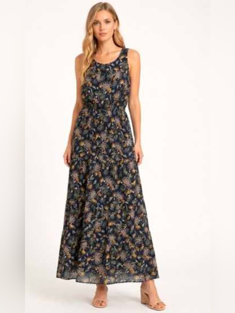 Lara Guidotti Tiered Floral Silk Blend Sleeveless Maxi Dress Navy Women's